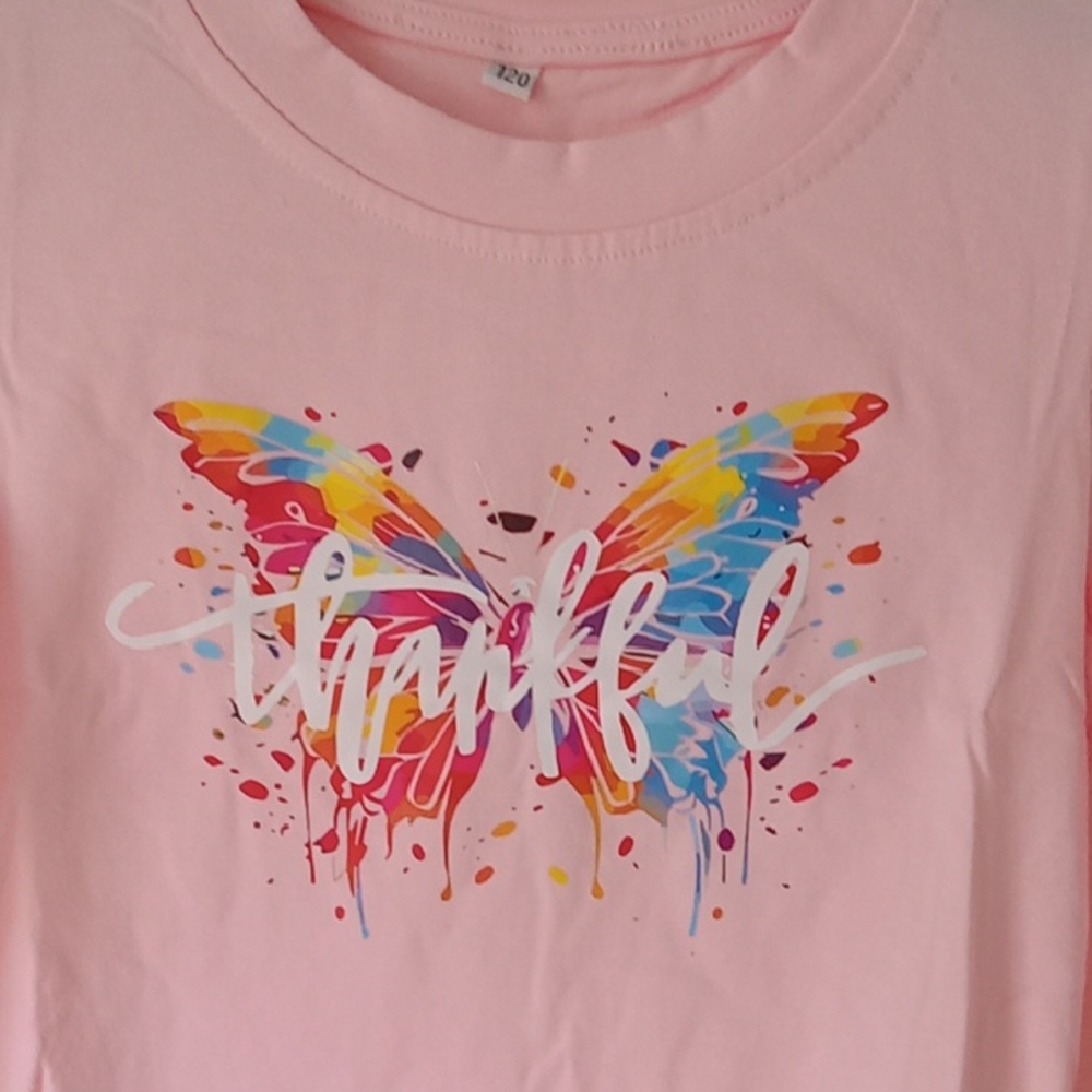 Pink Butterfly Thankful Long Sleeve Girls Shirt Colorful - Picture 3 of 6
